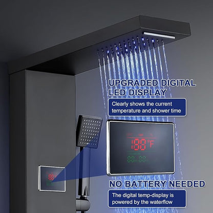 ROVATE 5-in-1 LED Rainfall Waterfall Shower Panel Tower System Matte Black | No Battery Needed Digital Temperature Display, Powerful Body Massage Jets, Flexible Handheld and Tub Spout, Blue LED Knob