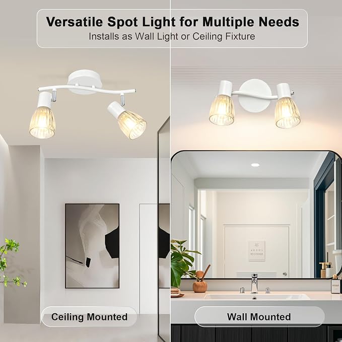 HiBay 2-Light Track Lighting, Adjustable Modern Ceiling Light Fixture White | with Glass Shades, Flush Mount Wall Spotlight Indoor for Kitchen, Bedroom, Living Room, E12 Base, No Bulbs