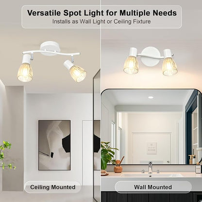 HiBay 2-Light Track Lighting, Adjustable Modern Ceiling Light Fixture White | with Glass Shades, Flush Mount Wall Spotlight Indoor for Kitchen, Bedroom, Living Room, E12 Base, No Bulbs