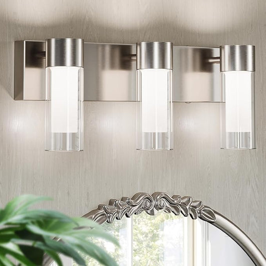 Tribesigns LED Bathroom Light Fixtures, 3-Light Vanity Lights Over Mirror, Wall Lights with 3 Color Modes & Sand Nickel Finish, Wall Sconces with Clear Glass Shades for Bathroom Hallway Bedroom