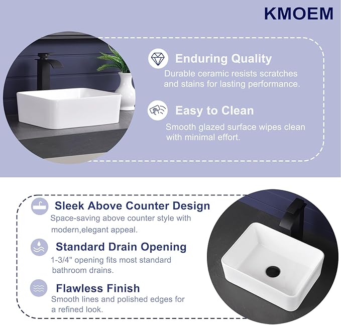 Vessel Sink 16"x12" Rectangular Bathroom Sink Modern White Porcelain Ceramic Above Counter Drop-in Vanity Sink for Bathrooms Art Basin