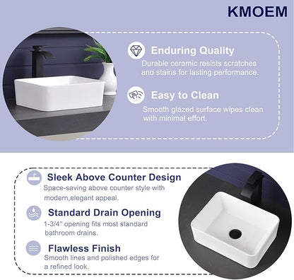 Vessel Sink 16"x12" Rectangular Bathroom Sink Modern White Porcelain Ceramic Above Counter Drop-in Vanity Sink for Bathrooms Art Basin