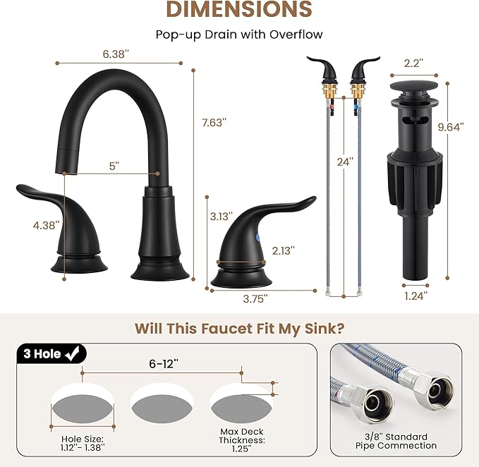 Matte Black Widespread Bathroom Faucet 3 Hole, 8 Inch Adjustable Bathroom Sink Faucet with Pop-Up Drain & Supply Lines, Dual Handle 360° Swivel Spout, Modern Design
