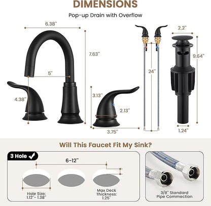 Matte Black Widespread Bathroom Faucet 3 Hole, 8 Inch Adjustable Bathroom Sink Faucet with Pop-Up Drain & Supply Lines, Dual Handle 360° Swivel Spout, Modern Design