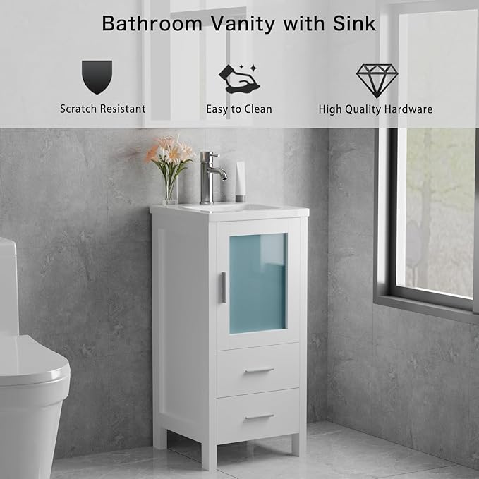 wonline 16" Bathroom Vanity Set, Single Small Bathroom Cabinet with Ceramic Sink, Modern White Cabinet Vanity with Faucet & Pop Up Drain