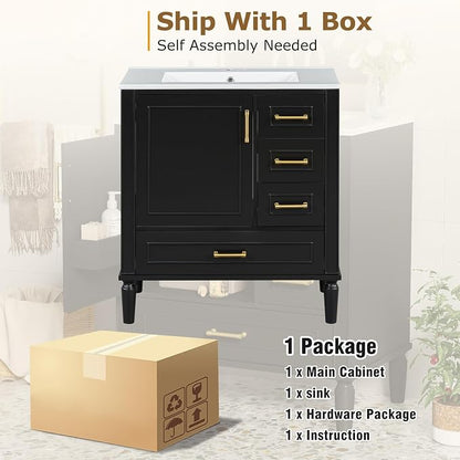 30" Bathroom Vanity with Sink,Free Standing Single Basin Vanity Set w/ 3 Drawers & Soft Closing Door,Solid Wood Frame,Metal Handles,Modern Storage Cabinet for Small Space,Black