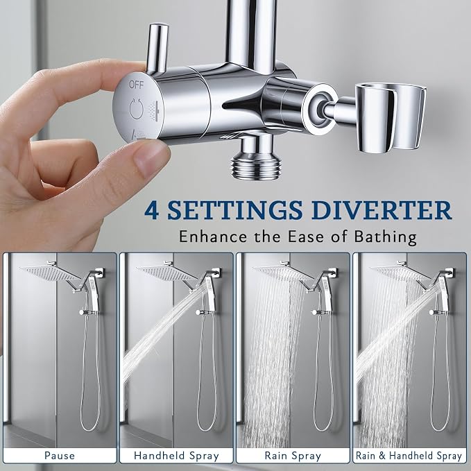 G-Promise All Metal Shower Diverter with Low Handheld Holder (Chrome) | 6 Inch Downward-Extend Bracket for All Heights, 4 Spray Modes with Pause Mode, Anti-Leak, Easy Install, Universal Replacement