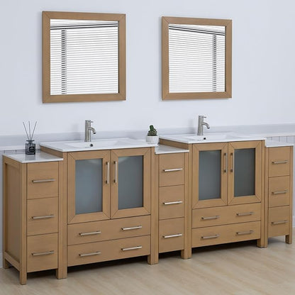 Vanity Art 96 Inch Under Mount Double Sink Bathroom Vanity Cabinet with 2 Mirrors, Ceramic Top Bathroom Cabinet Compact Set with 13 Dovetail Storage Drawers and Brushed Nickel Handles, VA3030-96-NO