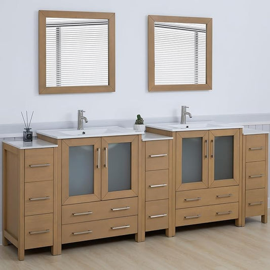 Vanity Art 96 Inch Under Mount Double Sink Bathroom Vanity Cabinet with 2 Mirrors, Ceramic Top Bathroom Cabinet Compact Set with 13 Dovetail Storage Drawers and Brushed Nickel Handles, VA3030-96-NO