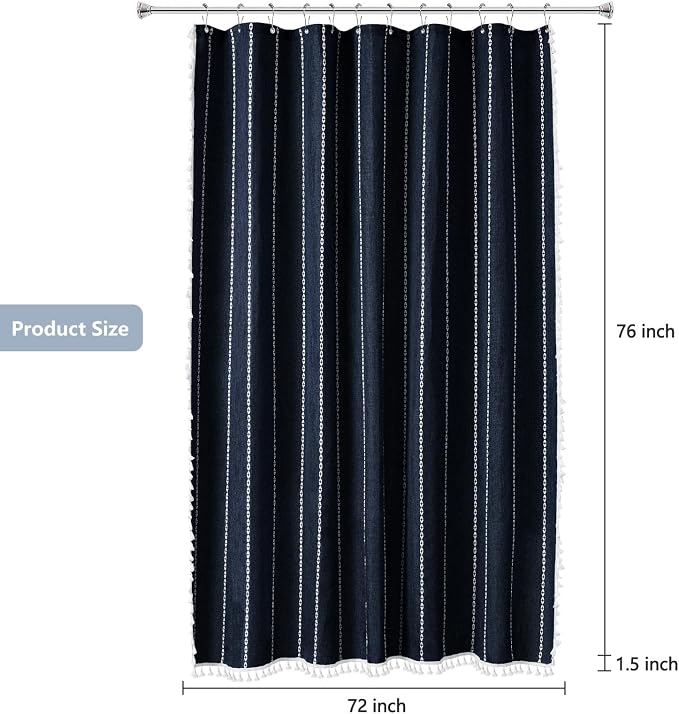 Seenus 72 x 76 inch Extra Long Boho Chic Shower Curtain Heavyweight with Tassels, Navy Linen Textured Fabric Farmhouse Shower Curtain, Elegant White Striped Bathroom Curtain Water Repellent