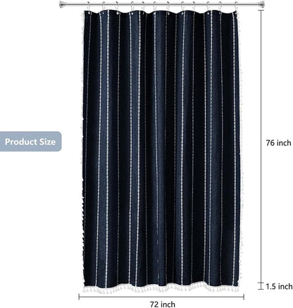 Seenus 72 x 76 inch Extra Long Boho Chic Shower Curtain Heavyweight with Tassels, Navy Linen Textured Fabric Farmhouse Shower Curtain, Elegant White Striped Bathroom Curtain Water Repellent