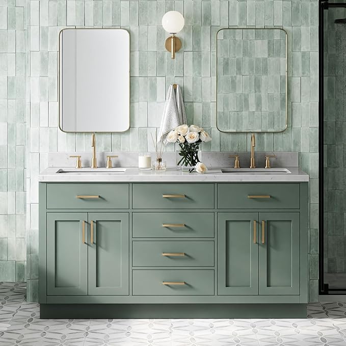 ARIEL Hepburn 66 Inch Double Rectangle Sink Bathroom Vanity with Carrara White Quartz Countertop 1.5 Inch in Vintage Green