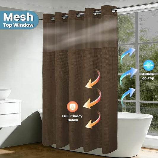 EUTXL Heavyweight No Hook Shower Curtain with Liner, Brown, 54x80 | Snap in Liner, Thick Waffle Fabric, Hotel Quality, Corner Magnets, Waterproof & Washable