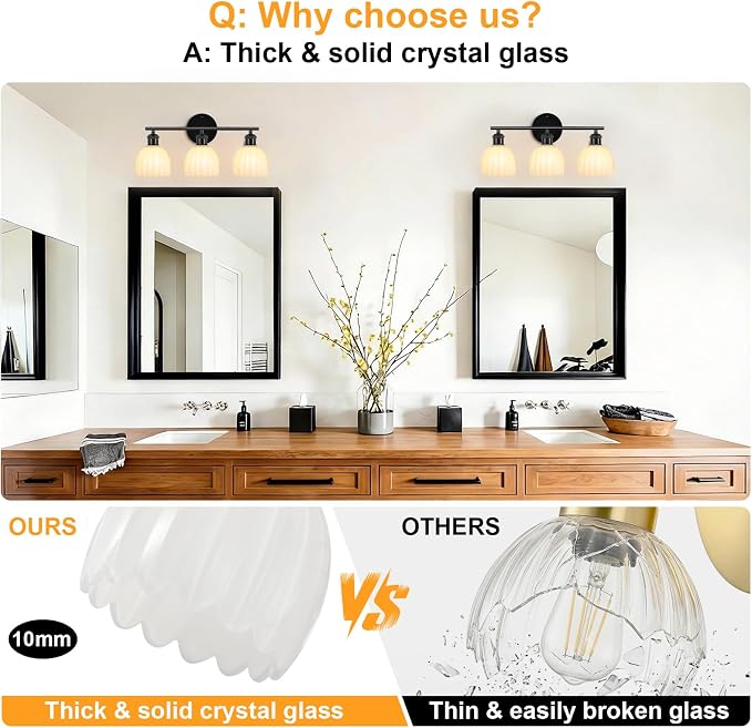 Bathroom Light Fixtures, 3-Light Brushed Black Vanity Lights for Bathroom with White Tulip Glass Shade, 20" Vintage Bathroom Vanity Lighting Fixtures Over Mirror for Bedroom Living Room Hallway