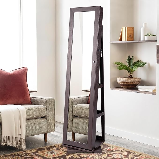 GOFLAME 360° Rotating Jewelry Armoire, Lockable Jewelry Cabinet with Full-Length Mirror & Inner Makeup Mirror, Standing Jewelry Storage Organizer with Rear Storage Shelves, Espresso