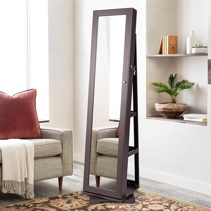 GOFLAME 360° Rotating Jewelry Armoire, Lockable Jewelry Cabinet with Full-Length Mirror & Inner Makeup Mirror, Standing Jewelry Storage Organizer with Rear Storage Shelves, Espresso