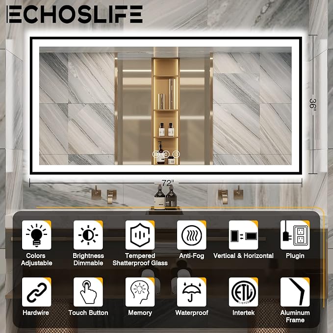 EchosLife 72x36 Bathroom Mirror with Lights - Black Aluminum Framed | Black Frame, Front and Backlit, Anti-Fog, Stepless Dimmable, 3 Colors, Memory, Tempered Glass, UL Listed, Horizontal/Vertical