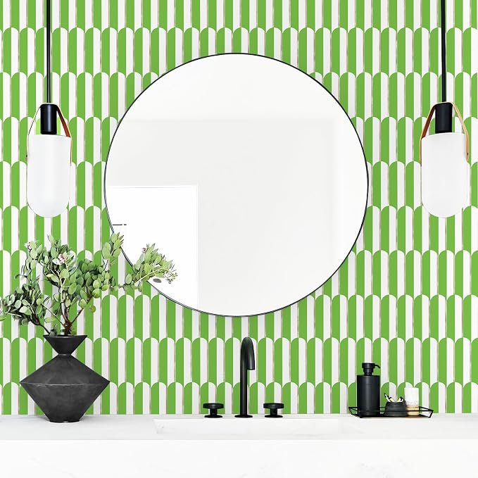 Vamos Tile Peel and Stick Backsplash Seamless Tile,Fish Scale,Matt,10-Sheet | 11.9''x10.8'',White & Grass Green PVC+Light Gold Stick on Backsplash Tile for Kitchen & Bathroom & Laundry & Camper