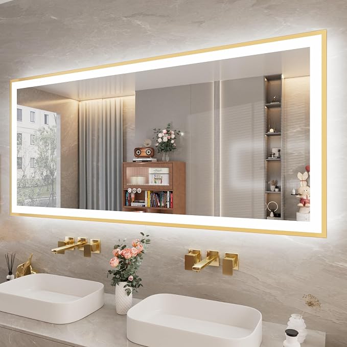 72x32 Inch LED Bthroom Mirror with Gold Frame | Gold Metal Frame, Front and Backlit, 3 Colors, Dimmable, Memory, Anti Fog, Tempered Glass, Lighted Mirror for Wall