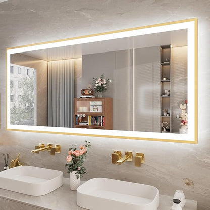 72x32 Inch LED Bthroom Mirror with Gold Frame | Gold Metal Frame, Front and Backlit, 3 Colors, Dimmable, Memory, Anti Fog, Tempered Glass, Lighted Mirror for Wall