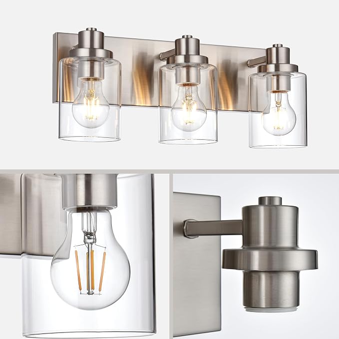 3 Light Bathroom Vanity Light Brushed Nickel Bathroom Lighting Fixtures Over Mirror with Clear Glass Shade, Modern Farmhouse Wall Sconces Vanity Lights for Bedroom Living Room