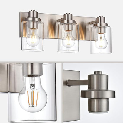 3 Light Bathroom Vanity Light Brushed Nickel Bathroom Lighting Fixtures Over Mirror with Clear Glass Shade, Modern Farmhouse Wall Sconces Vanity Lights for Bedroom Living Room