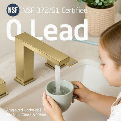 KES Gold Bathroom Faucet 3 Hole, 8-inch Widespread Brushed Gold Sink Faucet for Bathroom Vanity 2 Handle, with Metal Pop Up Drain No Overflow and cUPC Supply Line, L4350LFF12-BZ-C2