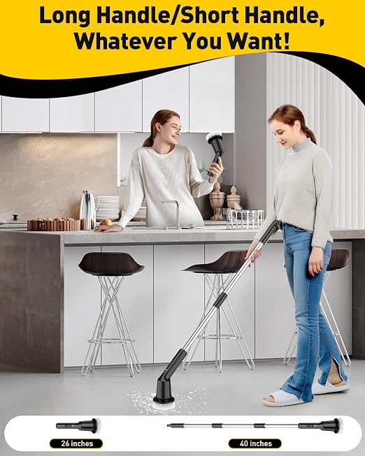 Electric Spin Scrubber for Bathroom, Shower Scrubber with Long Handle | Shower Cleaner Brushes, IPX7 Waterproof & 2 Speed, 8 Brush Heads, 90min Runtime, Bathroom Cleaning Supplies for Toilet Tub