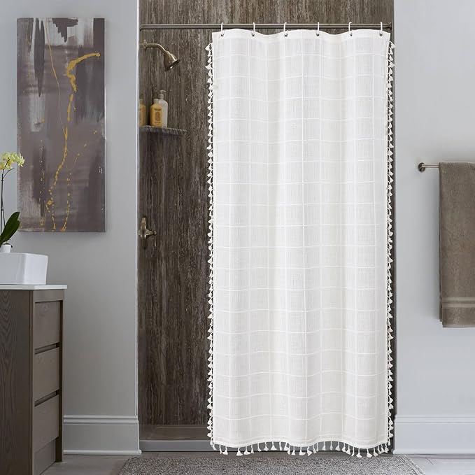 Small Stall Boho Farmhouse Shower Curtain for Bathroom 36x72 | Narrow Half French Country Plaid Tassel Shower Curtain, Rustic Aesthetic Bathroom Decor Windows Curtain, White