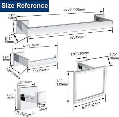 5 Pieces Bathroom Hardware Accessories Set Polished Chrome, 16Inch Bathroom Towel Rack Set SUS304 Stainless Steel, Square Bath Towel bar Set Heavy Duty, Wall Mounted