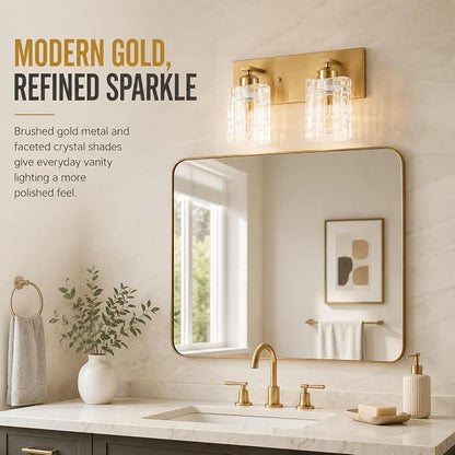 Brushed Gold Crystal Bathroom Vanity Light,2 Lights Modern Bathroom Wall Light,Over Mirror Light Fixtures for Living Room, Bedroom, Hallway