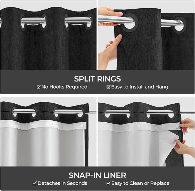 River Dream Linen Textured No Hooks Shower Curtain with Liner,Black,71x74 | with Snap-in Liner,Heavy Duty Fabric,Quick Dry,Bottom Magnets,Water-Repellent,Washable,Farmhouse Bathroom Set