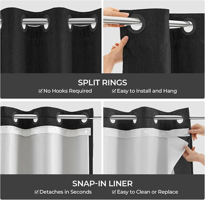 River Dream Linen Textured No Hooks Shower Curtain with Liner,Black,71x74 | with Snap-in Liner,Heavy Duty Fabric,Quick Dry,Bottom Magnets,Water-Repellent,Washable,Farmhouse Bathroom Set