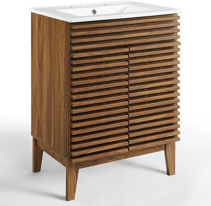 Modway Render Mid-Century Bathroom Vanity With Sink in Walnut White,24 Inch