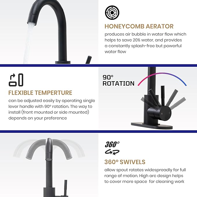 Comllen Matte Black Bar Faucets, Black Bathroom Faucet 1 Hole, 360° Swivel, Small Single Handle Bar Sink Faucet with Deck Plate for Bathroom Bar Kitchen RV Camper Outdoor Laundry Vanity Lavatory