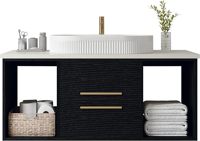 40" Bathroom Vanity with Sink Set, Modern Black Wall Mounted Bathroom Vanity Cabinet with Above Oval Ceramic Sink,Gold Handle 2 Drawers & 2 Open Storage, Single Sink Floating Bathroom Vanity
