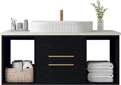 40" Modern Black Bathroom Vanity Floating Bathroom Vanities with Above Oval Ceramic Sink 40-inch Wall Mounted Wooden Bathroom Sink Cabinet with 2 Drawers&2 Open Shelves&Gold Metal Handle