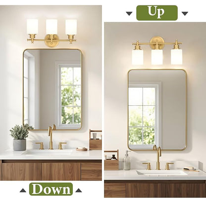 Bathroom Vanity Light, 3-Bulb Brushed Gold Vanity Light for Bathroom 17.5'' | Modern Champagne Gold Wall Sconce with White Glass Shades, Anti-Rust Light Fixtures over Mirror (Bulbs Not Included, E26)