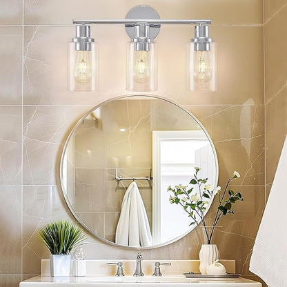 DLLT 3-Light Bathroom Light Fixtures: Chrome Modern Vanity Lights with Clear Glass Shade - Bathroom Wall Lamp for Mirror Kitchen Living Room - 2 Packs