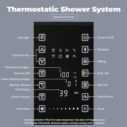 CASAINC Thermostatic Shower System with Body Jets, 36x12 Inch Luxury 6 Functions Waterfall Shower Jets System, Multifunctional Full Body Shower System with Sliding Rod Hand Shower, LED & Music