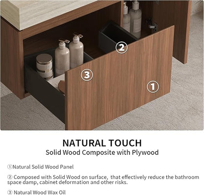 LKTART Floating 30 Inch Bathroom Vanity with Sink, Modern Plywood Wall Mounted Bathroom Storage Cabinet with 1 Door and 1 Drawer, Roma Travertine-Pattern Sintered Stone Countertop and Ceramic Basin