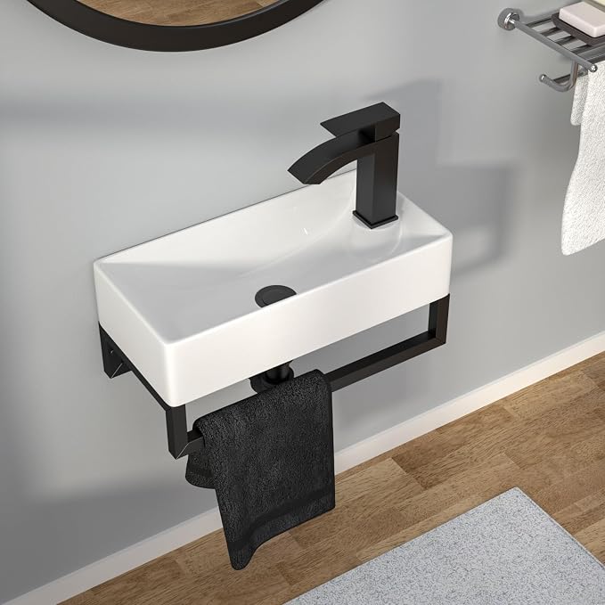 Wall Mount Sink Small - 17" x 9" Floating Bathroom Sink Rectangle White Porcelain Ceramic Right Hand Sink with Towel Rack