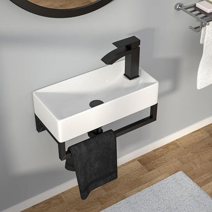 Wall Mount Sink Small - 17" x 9" Floating Bathroom Sink Rectangle White Porcelain Ceramic Right Hand Sink with Towel Rack