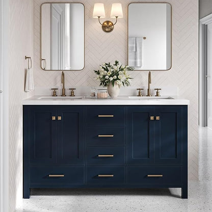 DKB Beckford 60-Inch Midnight Blue Double Bathroom Vanity, 1.5-Inch Edge Pure White Quartz Countertop & Splash, Rectangular Sinks, 4 Soft Closing Doors, 6 Full-Extension Dovetail Drawers, Satin Brass