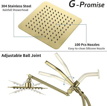 G-Promise All Metal 8" Rain Shower Head with Handheld for Bathroom Upgrade | All Metal, Built to Last, Easy Install, Adjustable Height & Angle for All Heights, Extra Long Hose, Modern Upgrade