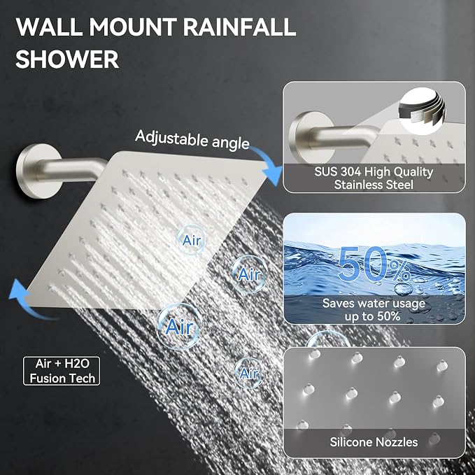 Shower System with Body Jets, Bostingner Four Modes Shower Faucet Sets with Handheld Spray 2 Ways, 4Pcs Shower Body Jets in Wall,10"+6" Rain Shower Head,Brushed Nickel Shower Sets Complete