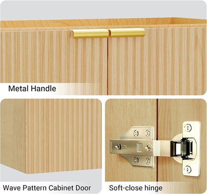 Modern Bathroom Vanity Without Sink, Floating Wall Mount Cabinet with Wavy Textured Doors, Waterproof Storage for Small Bathroom, Soft-Close Design, Nature Wood (Nature Without Sink, 36")