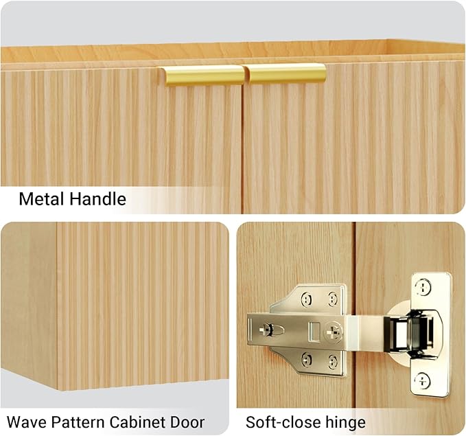 Modern Bathroom Vanity Without Sink, Floating Wall Mount Cabinet with Wavy Textured Doors, Waterproof Storage for Small Bathroom, Soft-Close Design, Nature Wood (Nature Without Sink, 24")