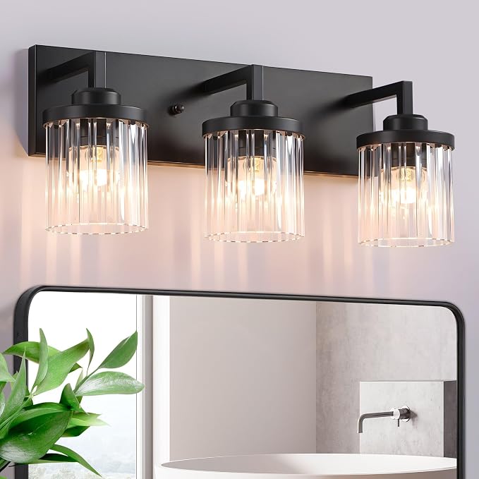 3-Light Black Bathroom Vanity Light, Crystal Glass Shades | Modern Wall Lighting Fixtures Over Mirror, for Bathroom, Matte Black Finish, Rust-resistant Metal, Farmhouse Industrial Style
