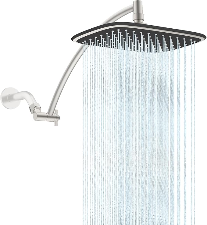 10" Rain Shower Head with 16" Metal Extension Arm, High-Pressure Showerhead | Brushed Nickel, Boosting Rainfall/Fixed Showerhead, Stainless Steel Shower Extender Adjustable Height/Angle, Easy to Install
